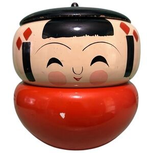 Vintage 1950s Kokeshi Geisha Girl Bento Box Jewelry Trinket Box Lacquer 3 Piece